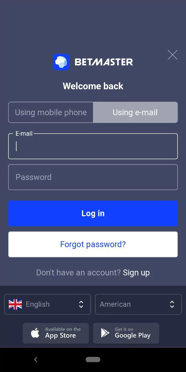 The login or registration page for new users in the mobile application of the Betmaster bookmaker