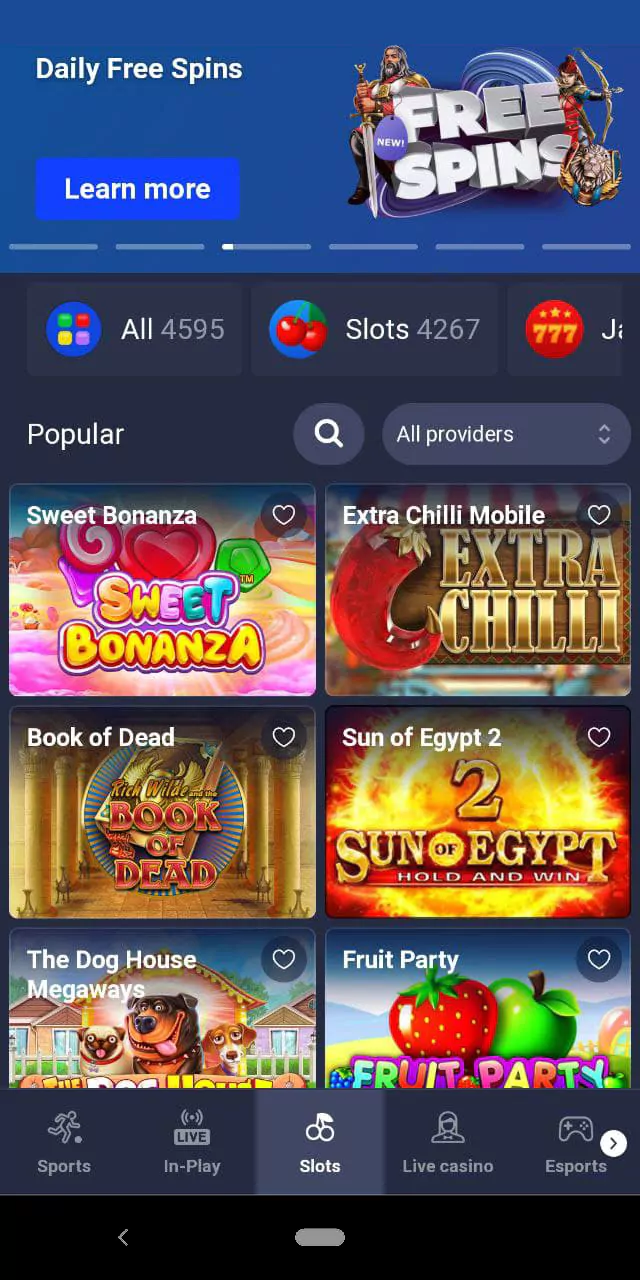 Page page with the most popular gaming slots in India in the mobile application of the Betmaster bookmaker