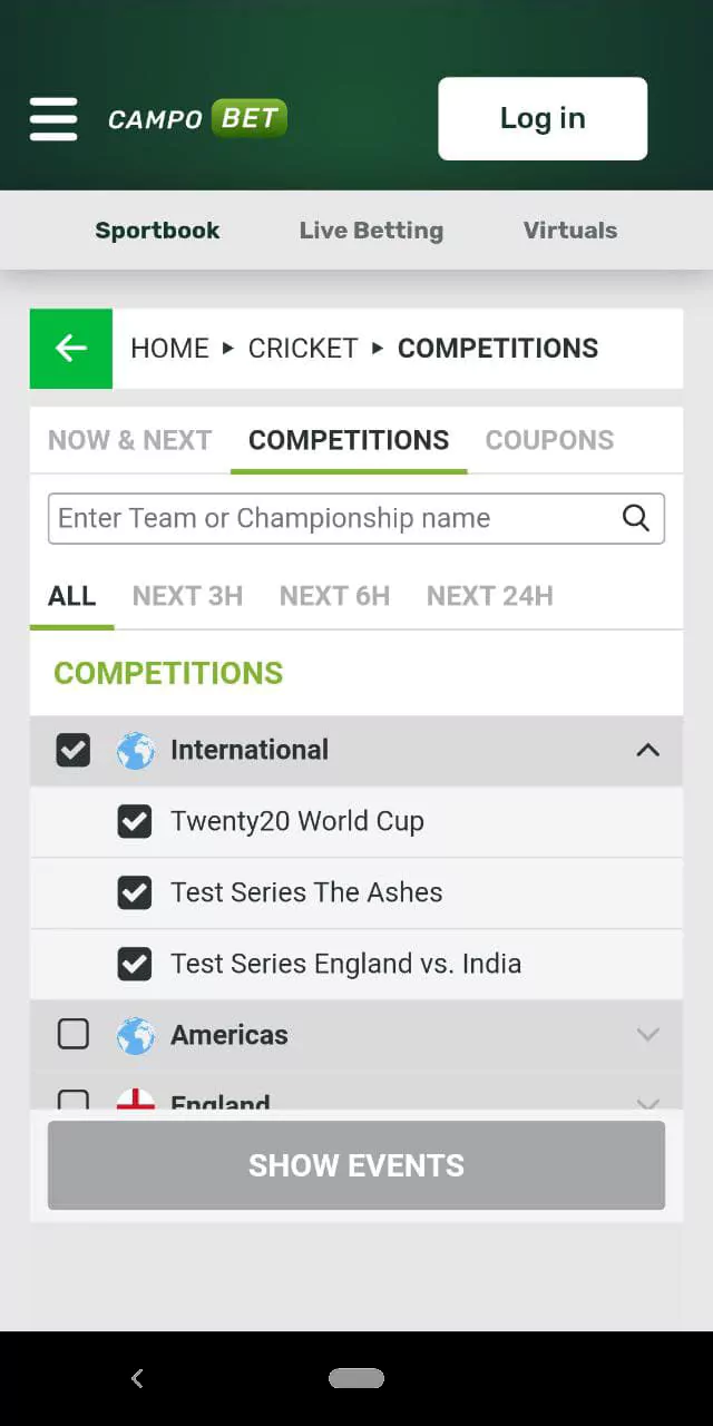 Screenshot of the competition menu in the sportsbook of Campobet app.