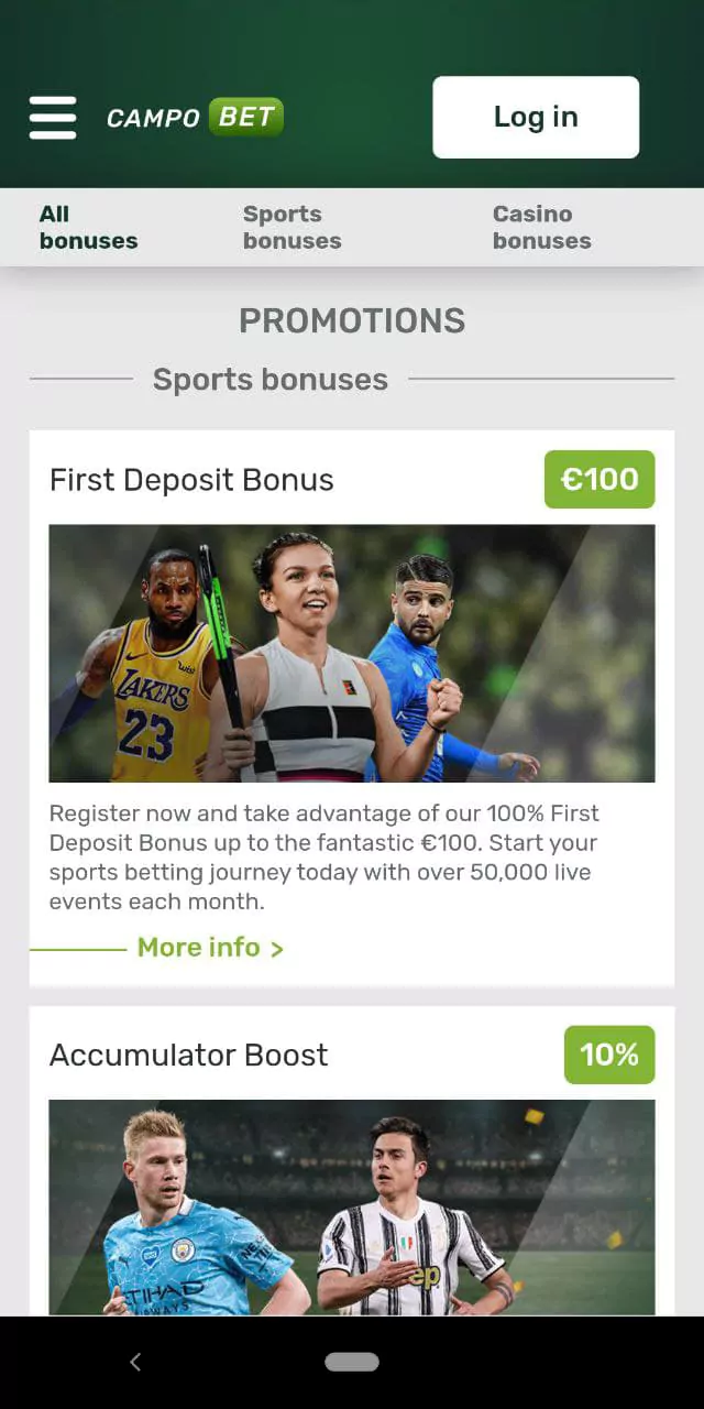 Screenshot of the bonuses and promotions menu in the mobile app Campobet.