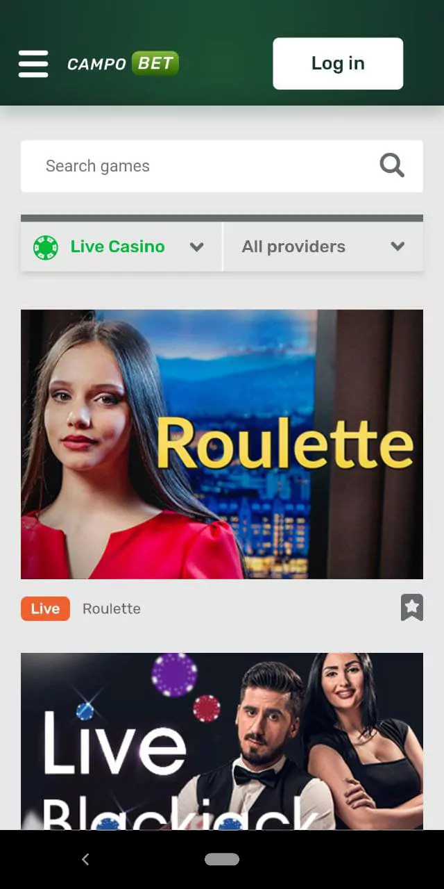 Screenshot of the Live Casino section in Campobet mobile app.