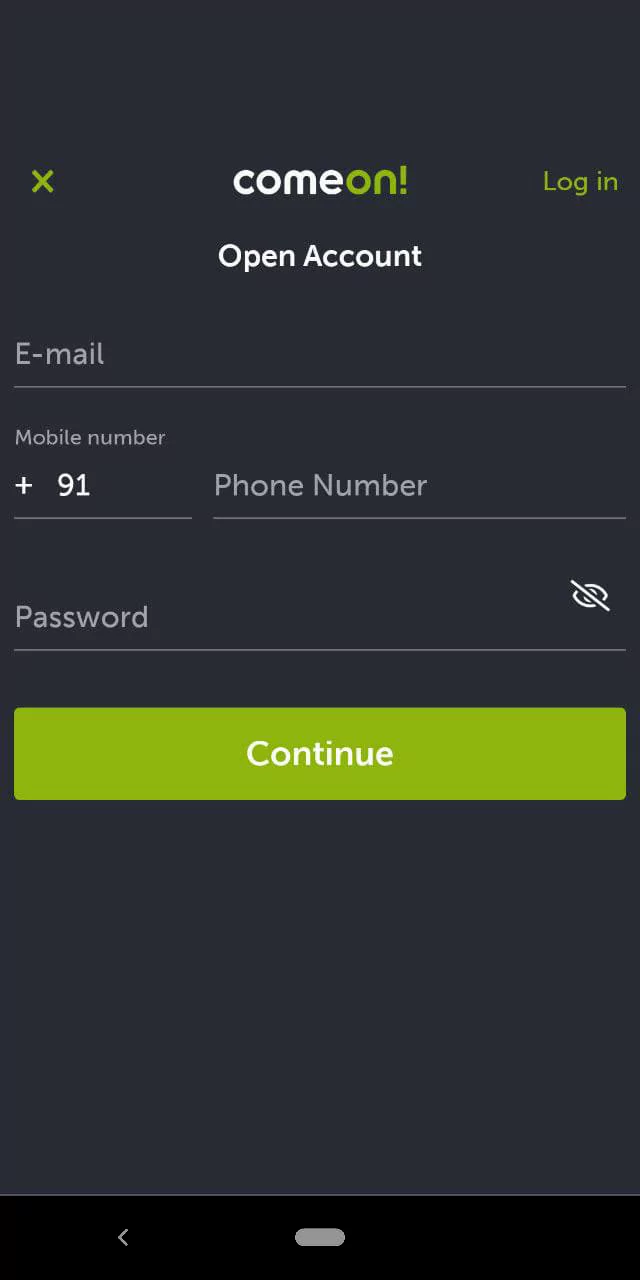 The registration window in the Comeon application, the fields to be filled in by the user: email, phone number, password, continue to create an account.