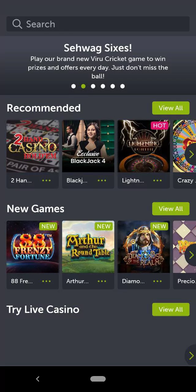 Example of the section with casino games in Comeon application: recommended games, new casino games, section with live casino games.