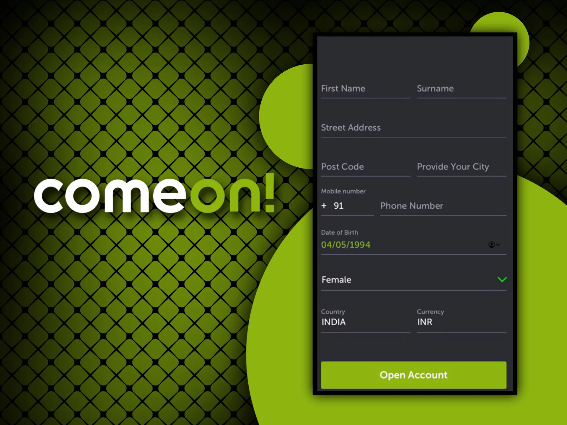 Verify your betting account of Comeon by providing your personal data and real documents.