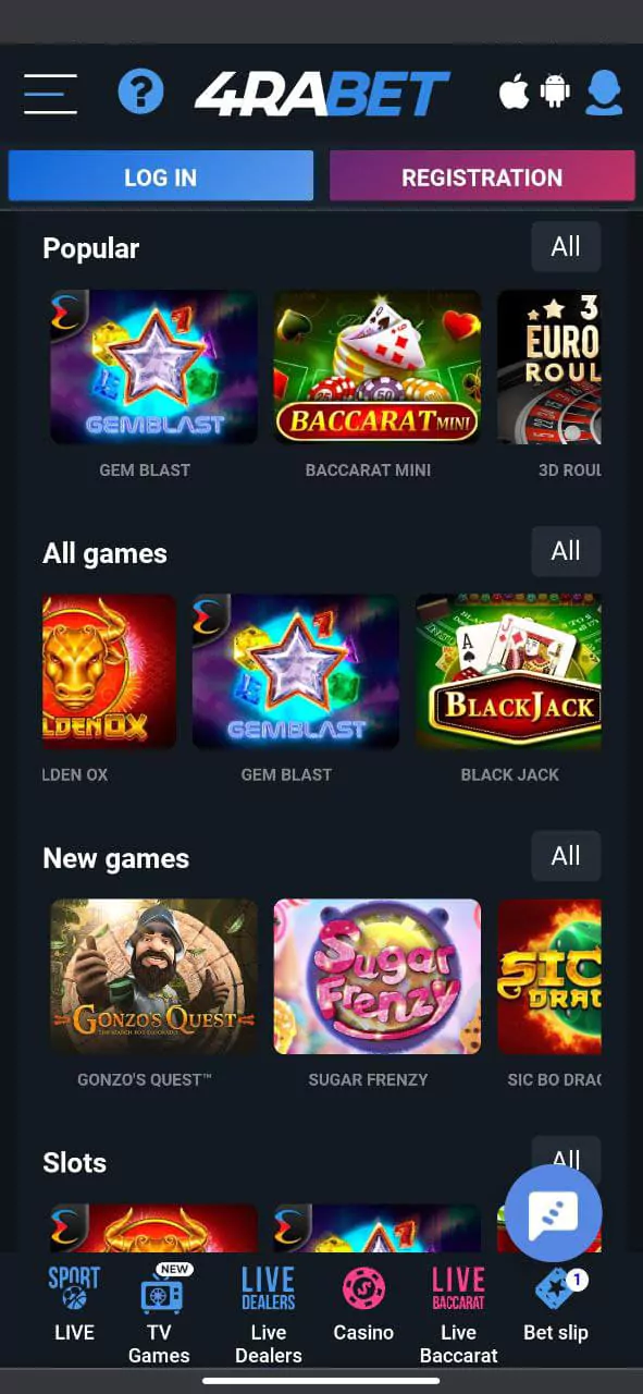 An example of a screenshot of the casino section in the application 4rabet: all casino games, popular casino games, new, slots and others.