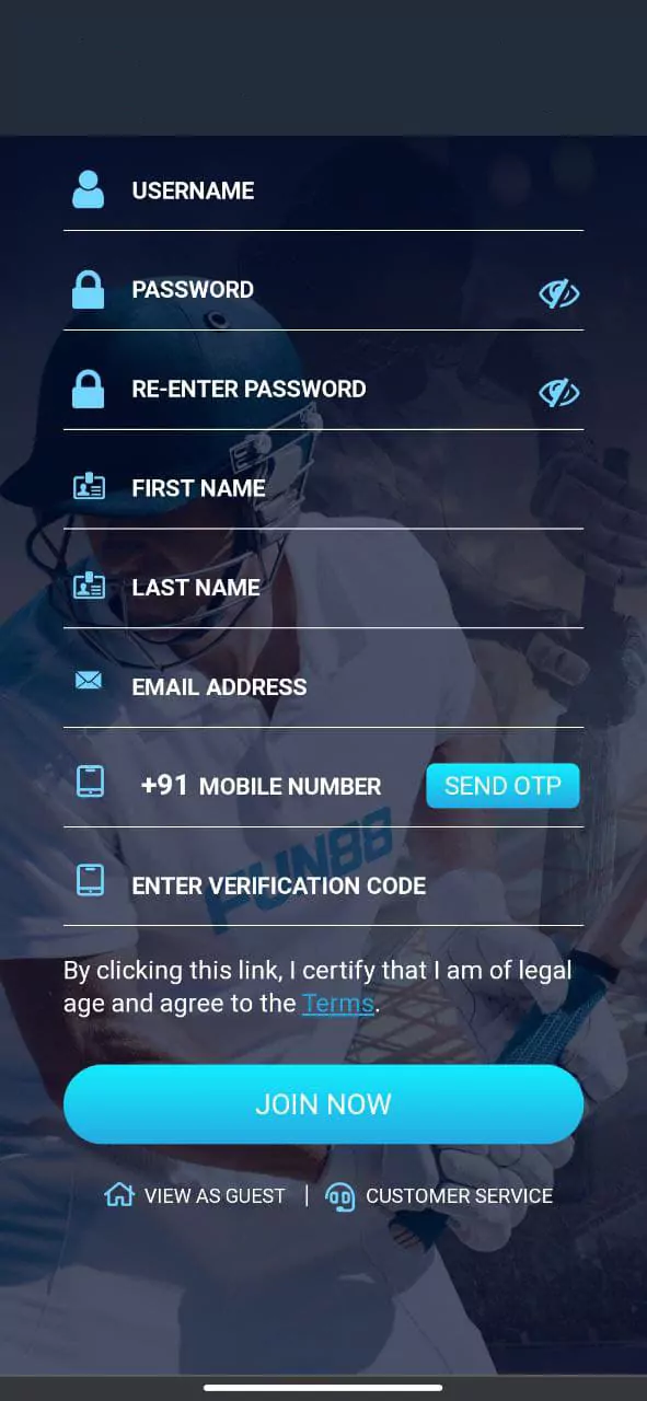 A section with the registration window and all the fields that the user will need to fill out in order to register at Fun88 App.