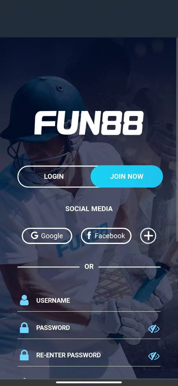 A section with the registration window, where you can choose any way to register in Fun88 app: via Google account or via social networks.