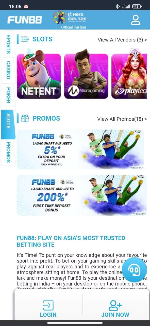 A section with promotions and offers in the Fun88 app.