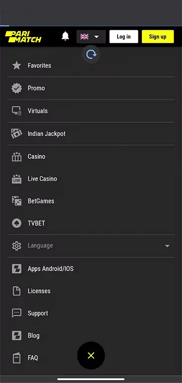 Left side menu. Here you can choose the type of entertainment, language, contact the support, ask questions and much more.