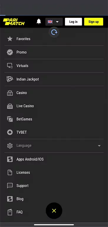 Parimatch App Left side menu. Here you can choose the type of entertainment, language, contact the support, ask questions and much more.