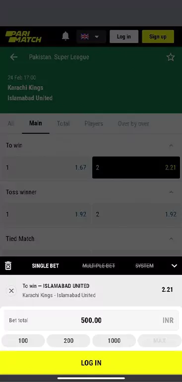 Example of the bet menu looks and an example of a single bet here.