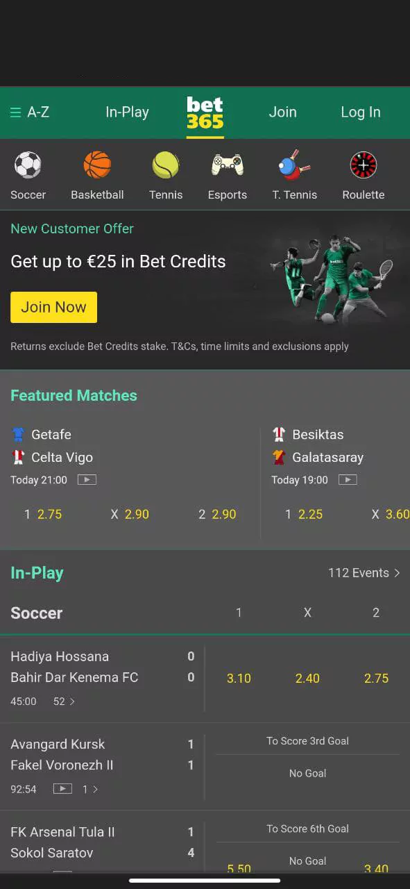 Screenshot of the home page of the Bet365 app.