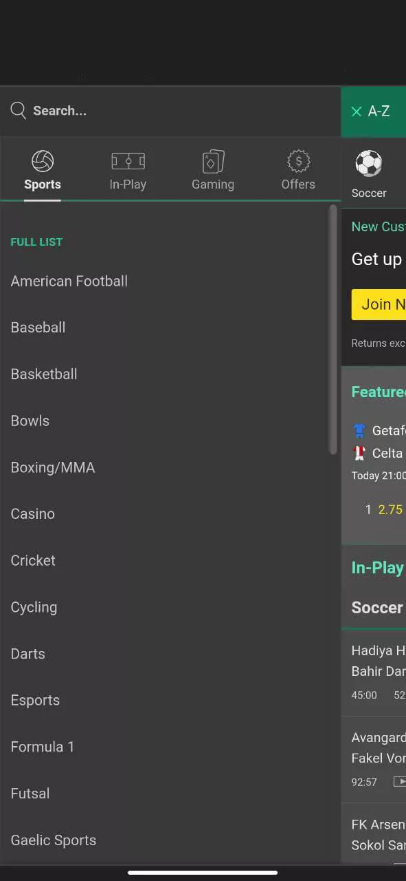 Sports section of the Bet365 app, with a list of games: cricket, baseball, basketball, boxing, MMA and many others.