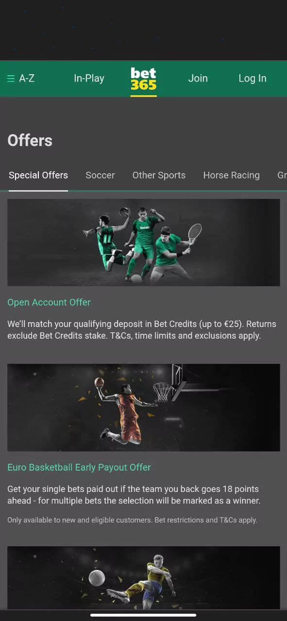 The special offers section in the Bet365 app.