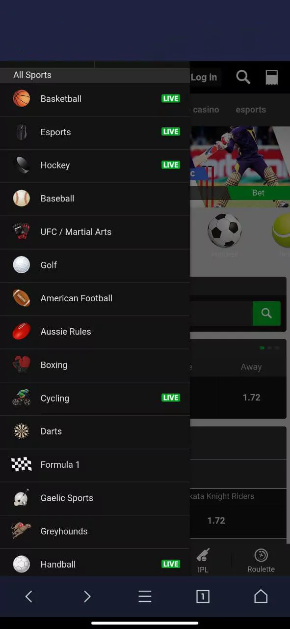 Menu with a list of sports disciplines available in the betway betting app.
