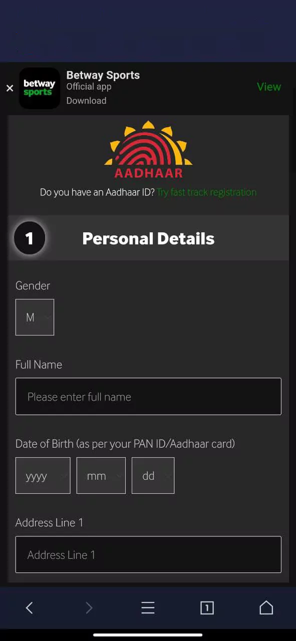 Entry of personal data in the identity betway application.