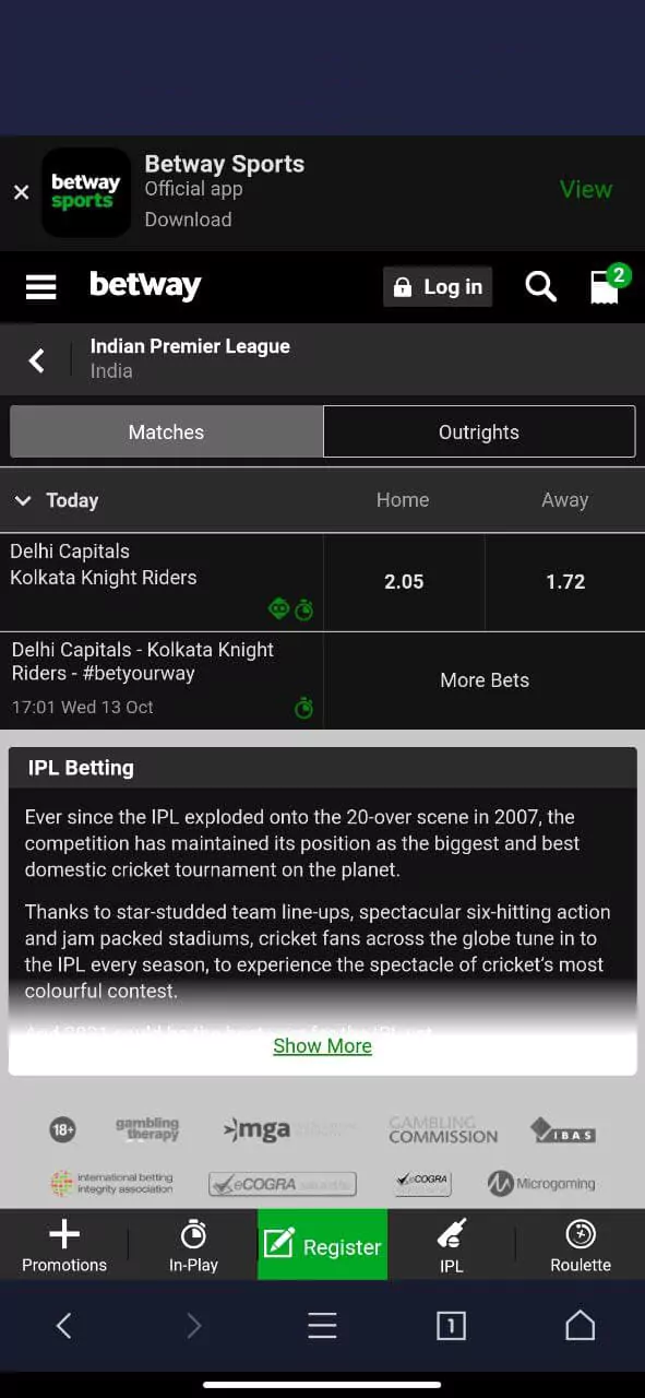 Bets on championships, Indian premier league, odds, outcomes for betting and more at Betway App.
