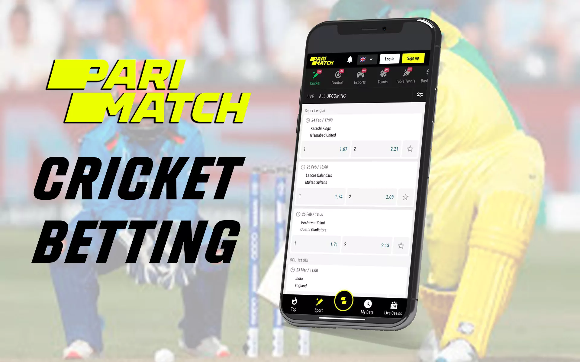 To bet on cricket, you must log into your account through the app, enter your username and password, select cricket in the menu and make your bet on the desired match.