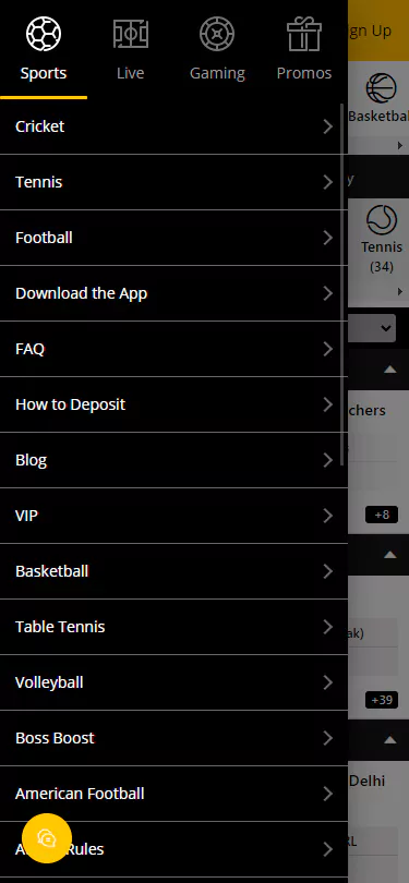 The main side sports menu at the application.