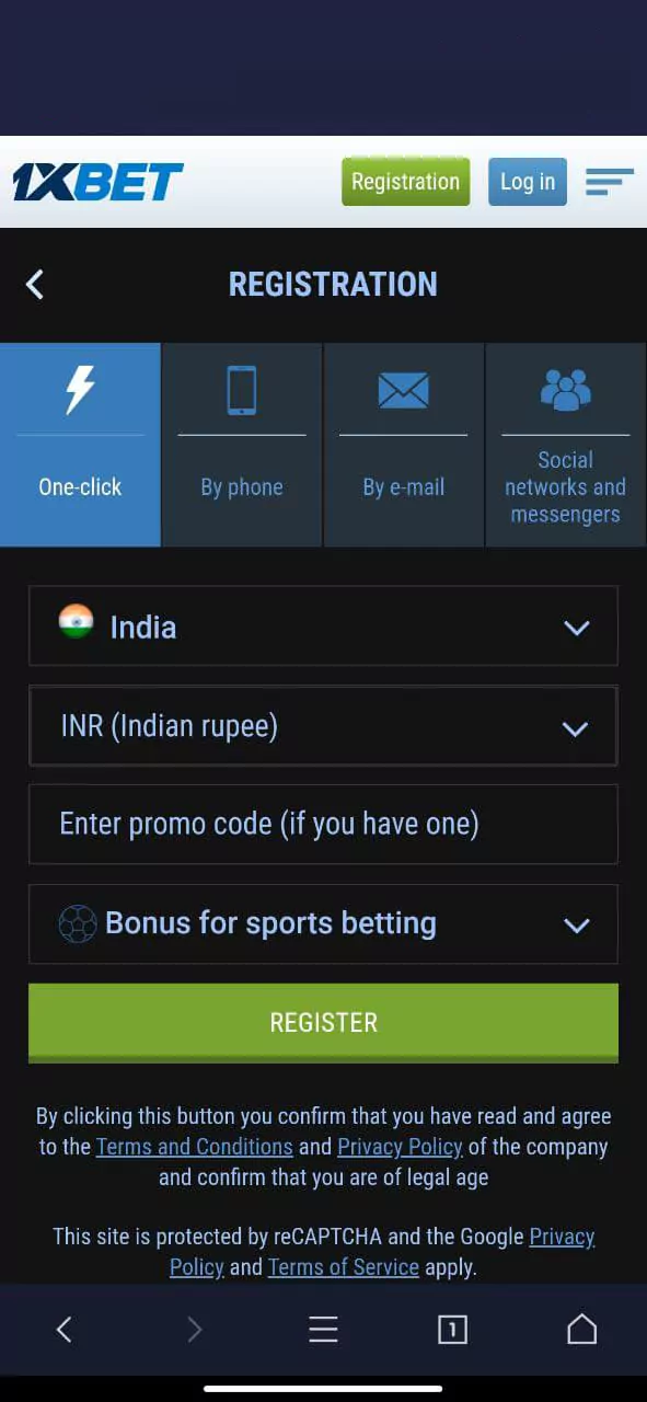 All methods: for account registration: one click, via phone number, via email, via social networks at 1xbet App.