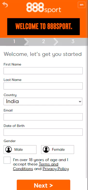 Registration window in the application: welcome. let`s get you started. Enter your information.