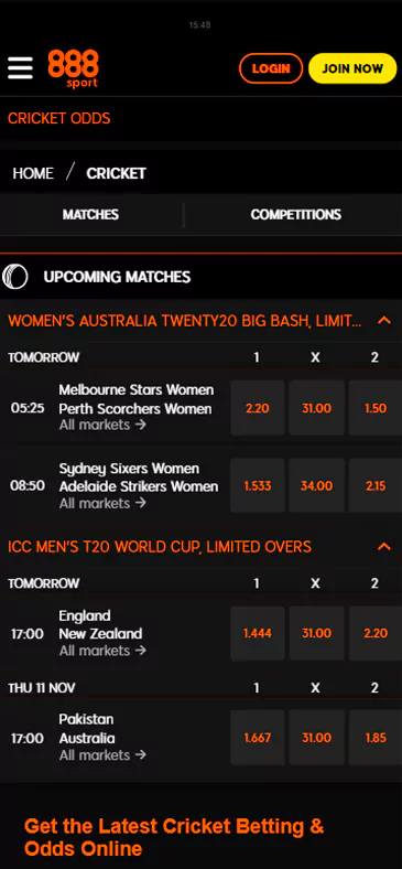 Cricket betting section: available matches and competitions, odds and more.