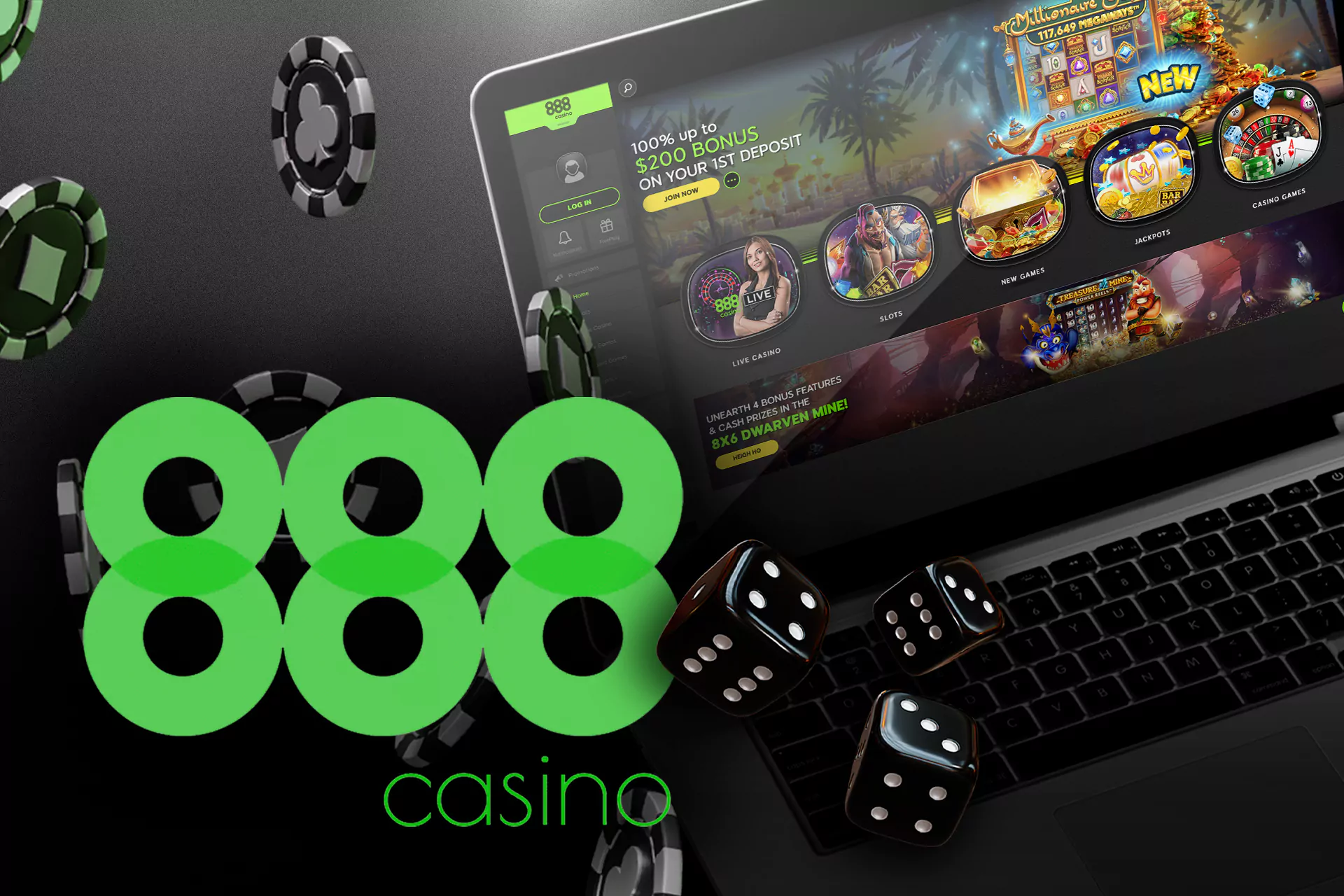 In the 888casino you can play slots or table games with a live dealer.