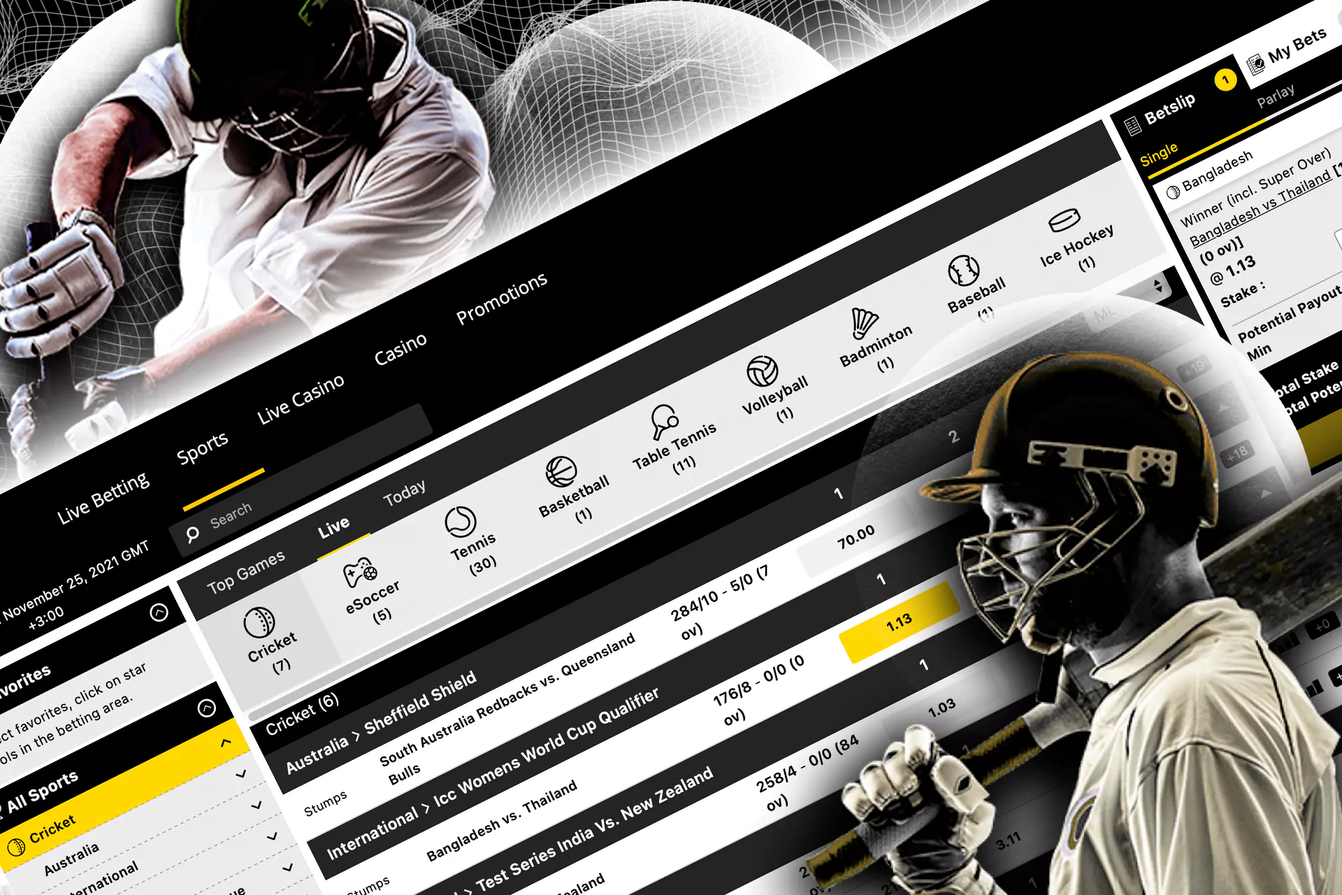 Choose any match and market and place a bet on cricket.