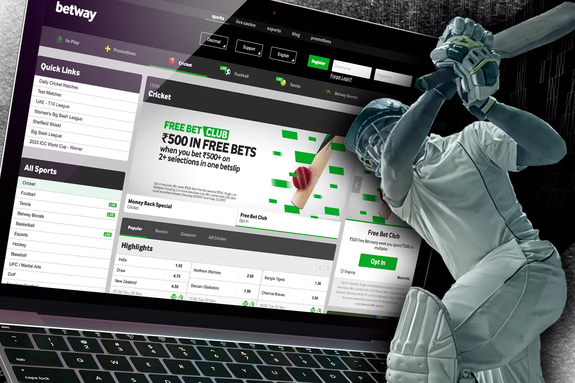 Place you bets on cricket safely at Betway.