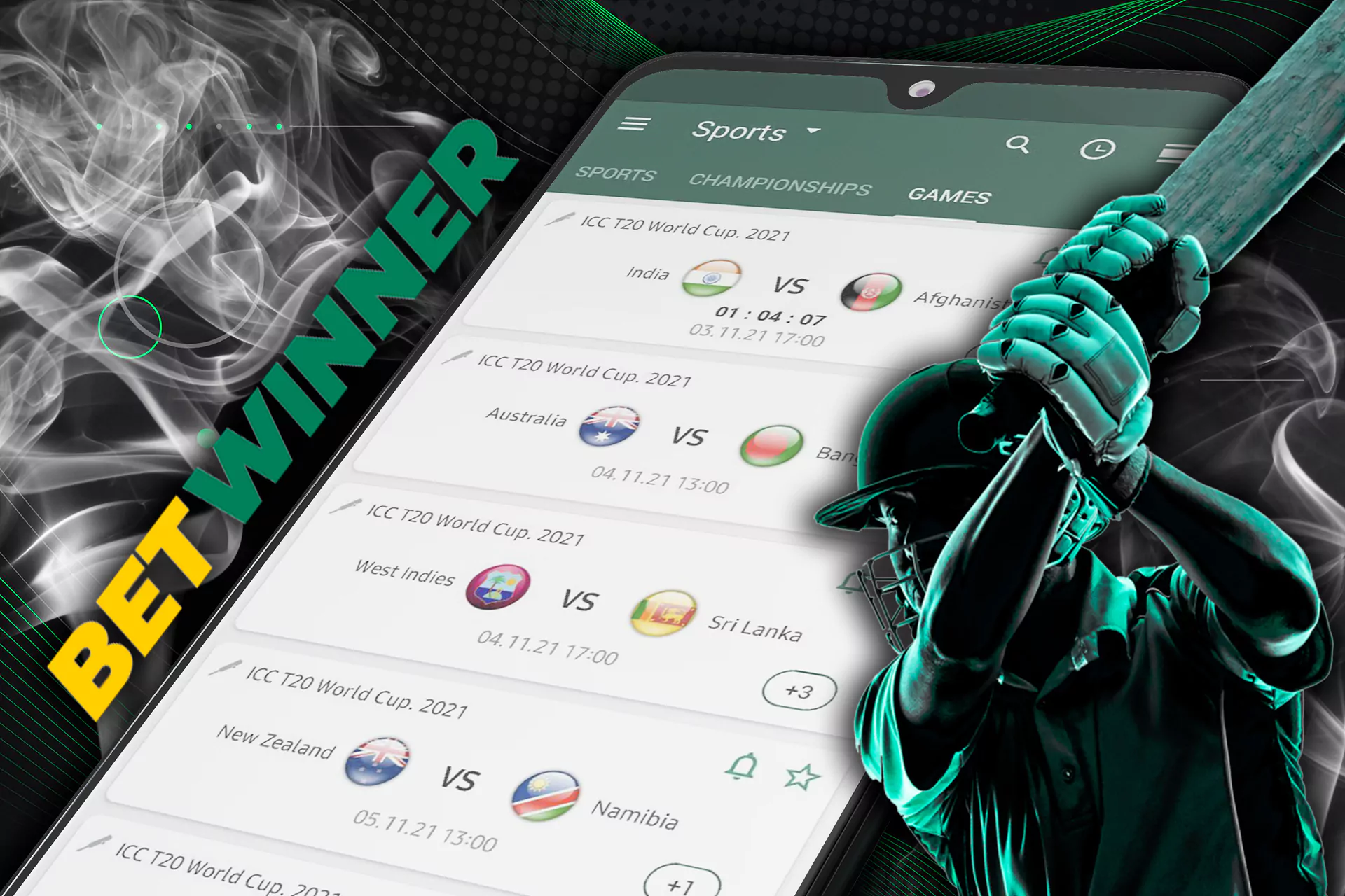 Registaer at Betwinner and place bets on cricket.