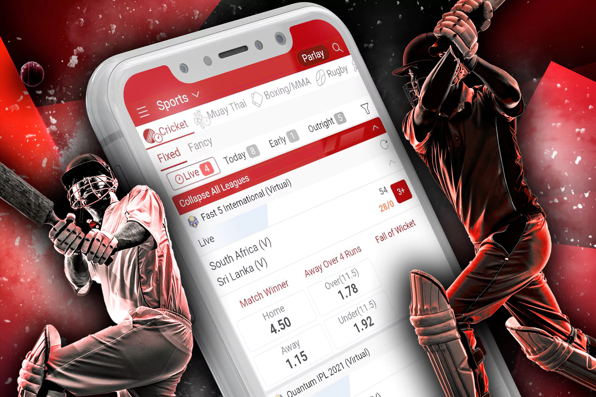 Choose cricket match and odds, and place your bet.