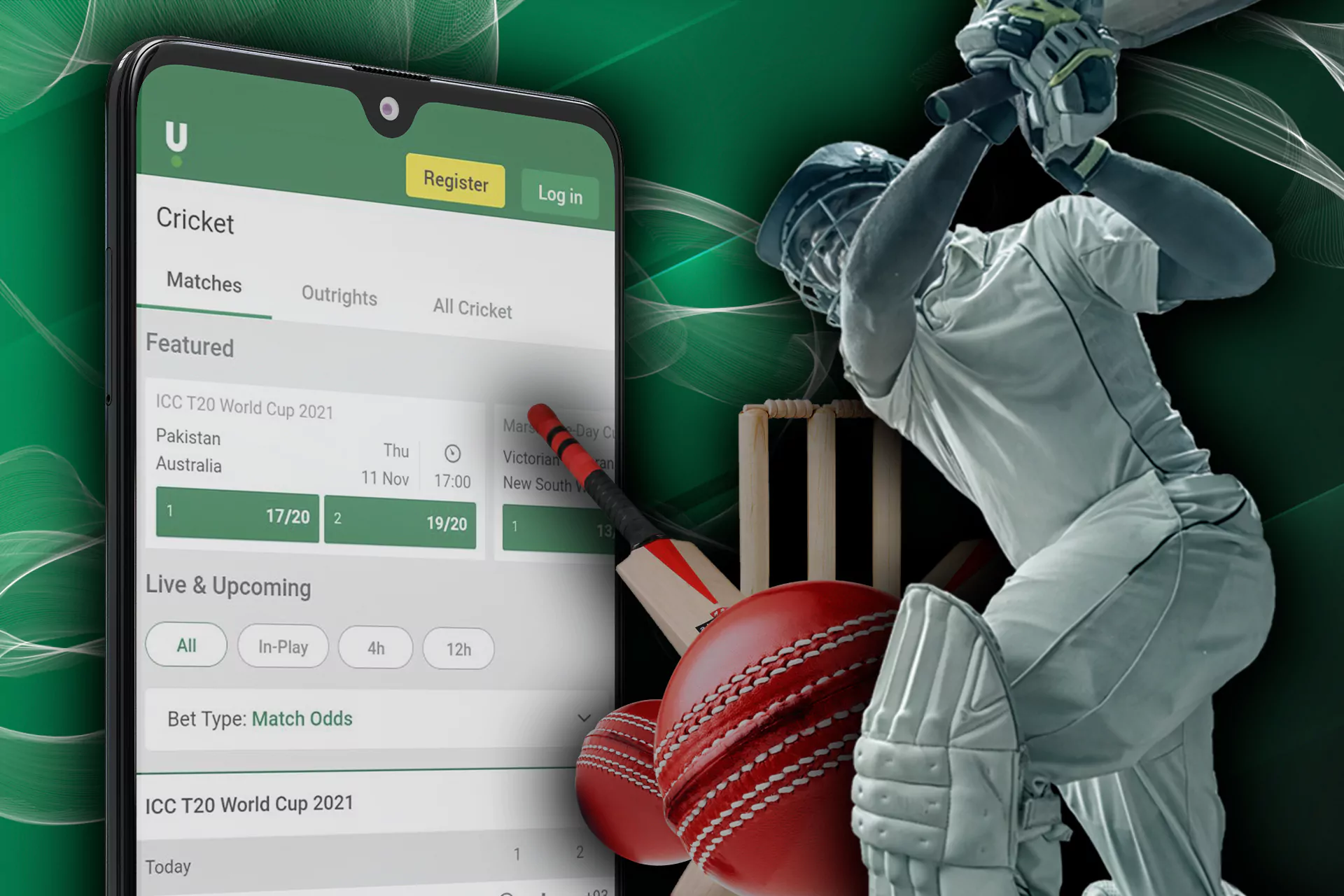 Log in to your account. top it up and place a bet on cricket.