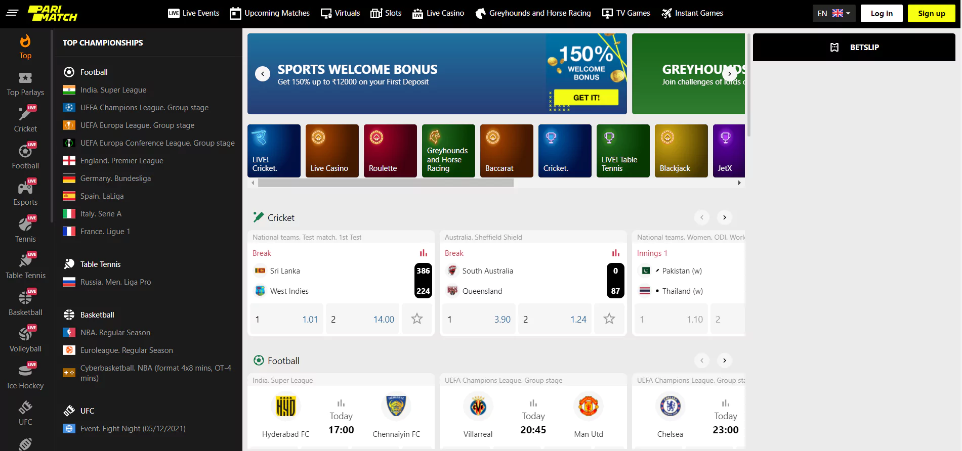 Menu of bets in online casino games and sports betting from online casino Parimatch