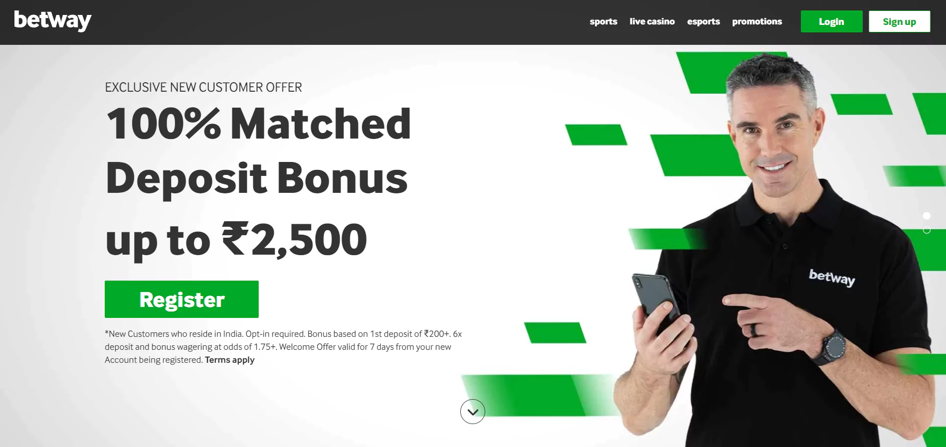 The main page of the website of the betway bookmaker