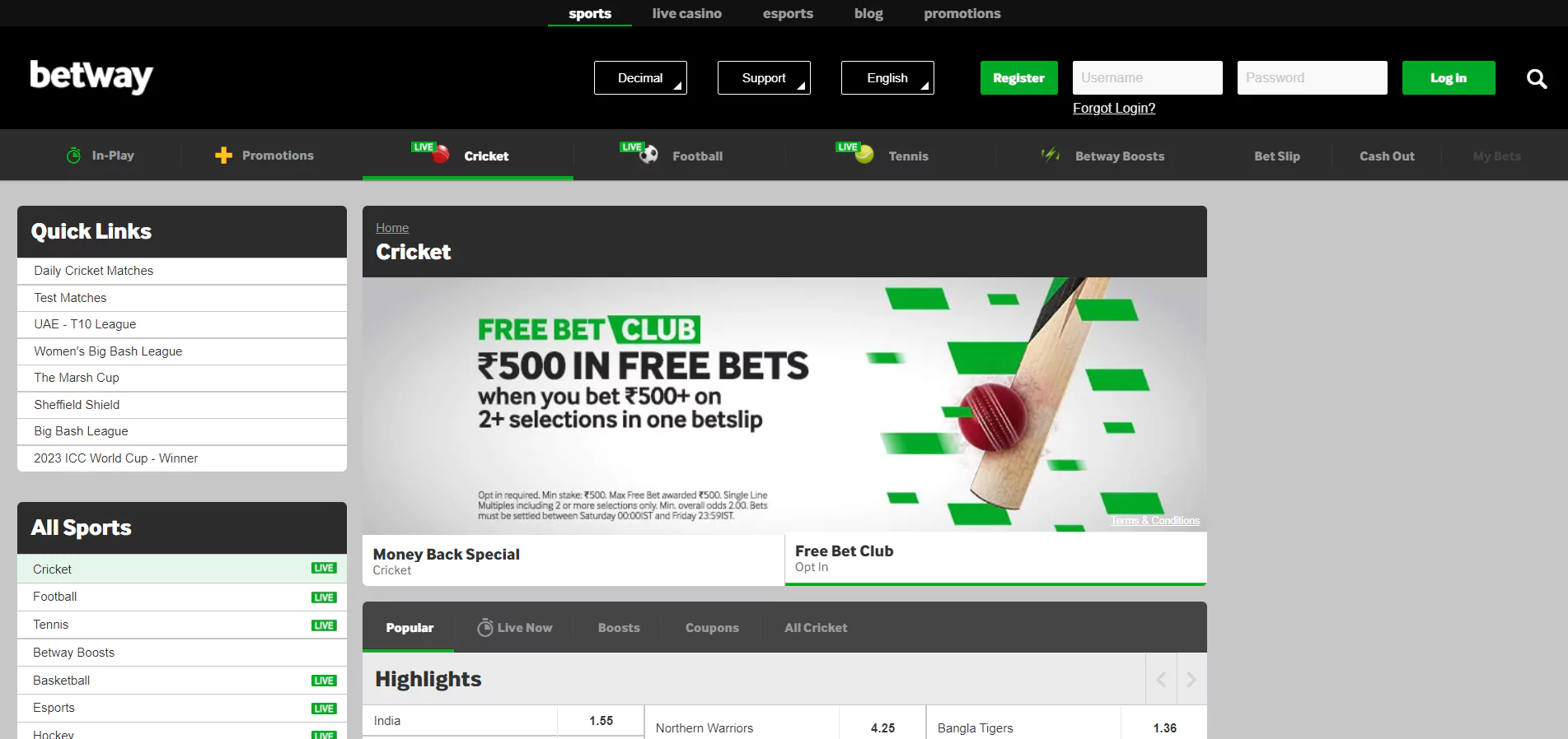 Cricket betting page, with free first bet at betway bookmaker
