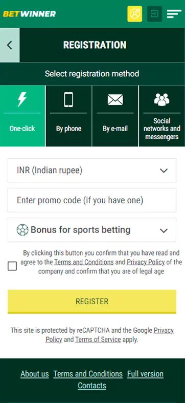 Betwinner App account registration window using four different methods: one click, via phone number, via email, via social networks.