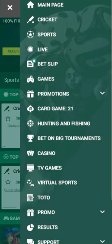 The side menu of the application with all its main sections.