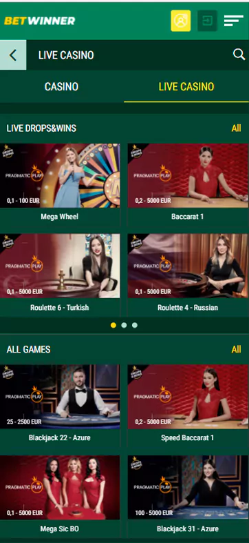 The casino and live casino section.
