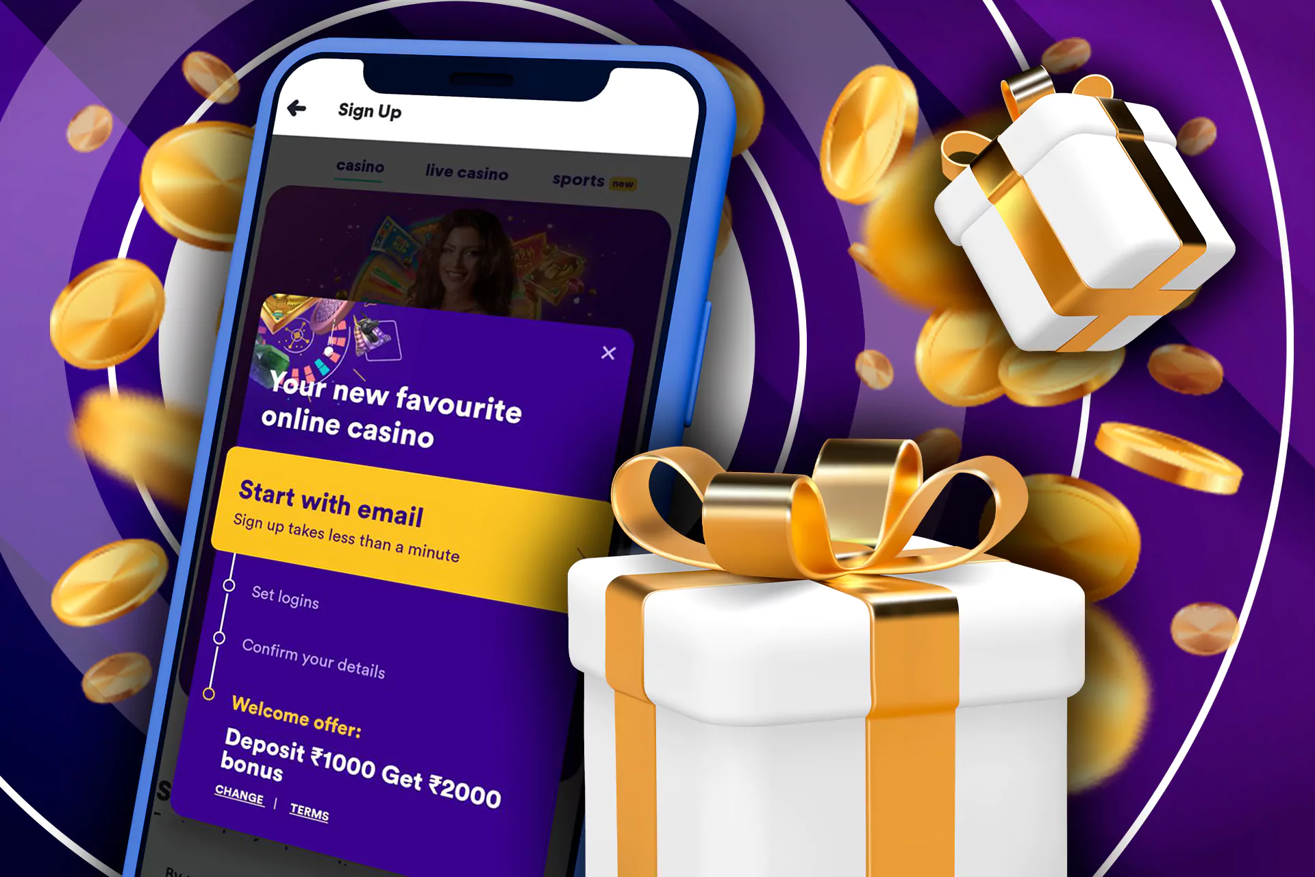 During registration in the Casumo app, you can choose the welcome bonus on sports betting or casino playing.