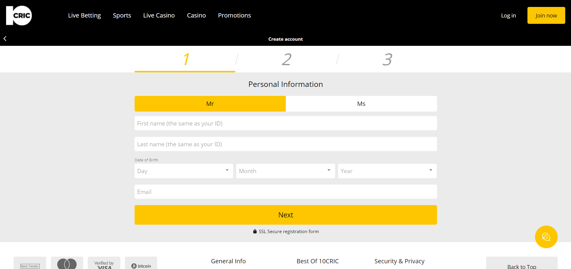 Bookmaker registration page 10cric