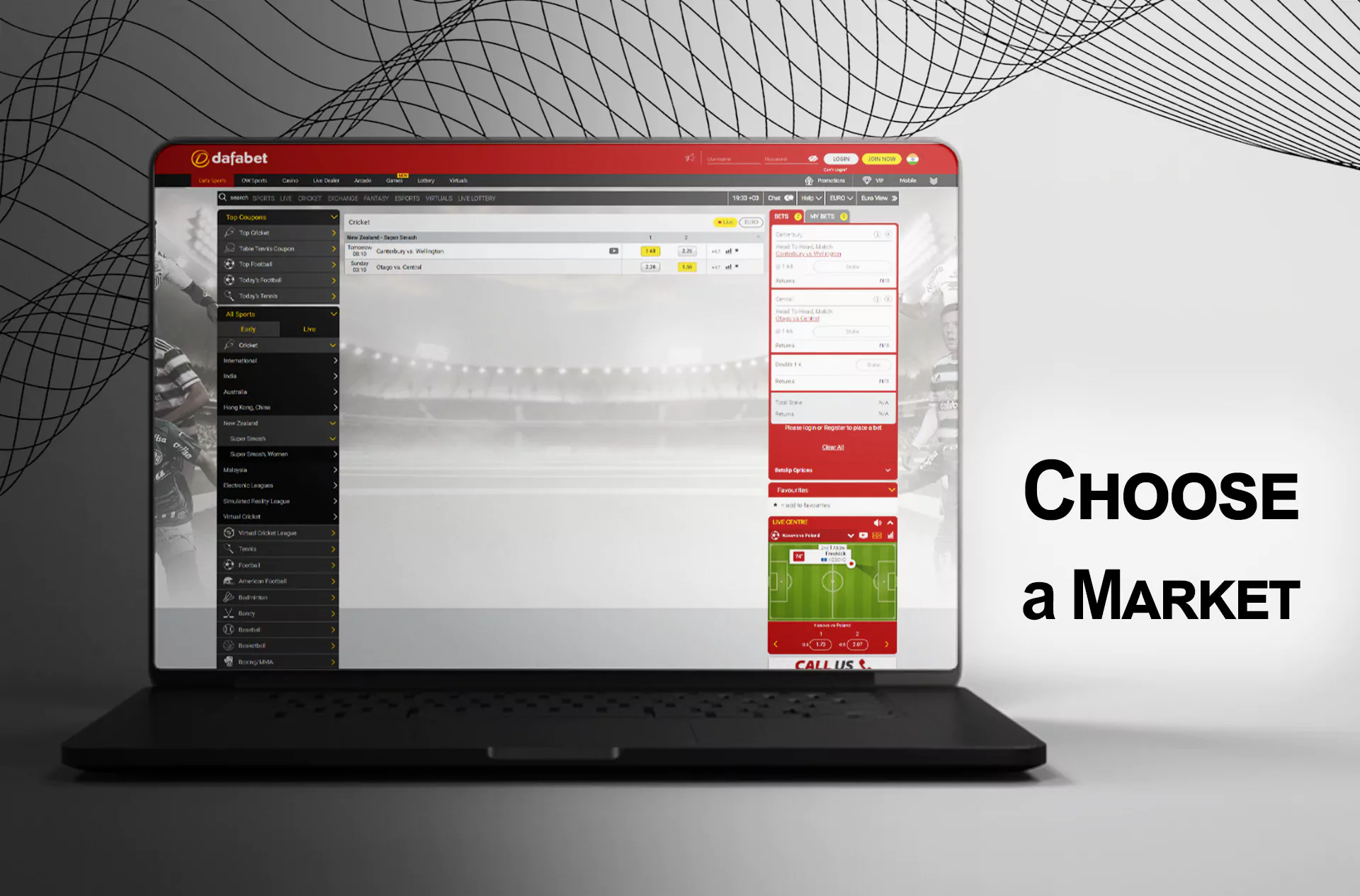 Analyze a match, choose a market, and select a winner according to your prediction.