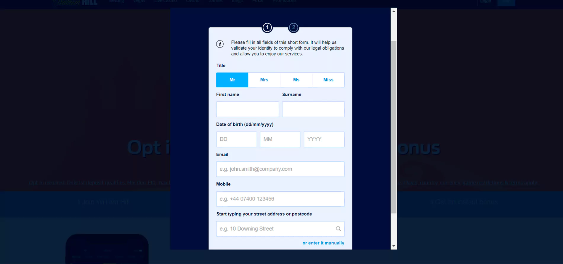 Window for entering personal data on the Willam Hill website for online cricket betting