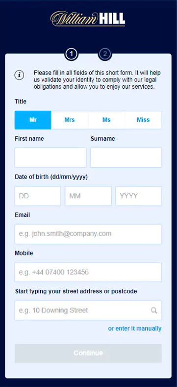 Registration menu in the mobile application of the online bookmaker William-hill
