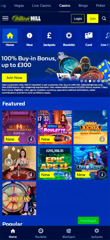Screen with popular casino games in the mobile application of the online bookmaker William-hill