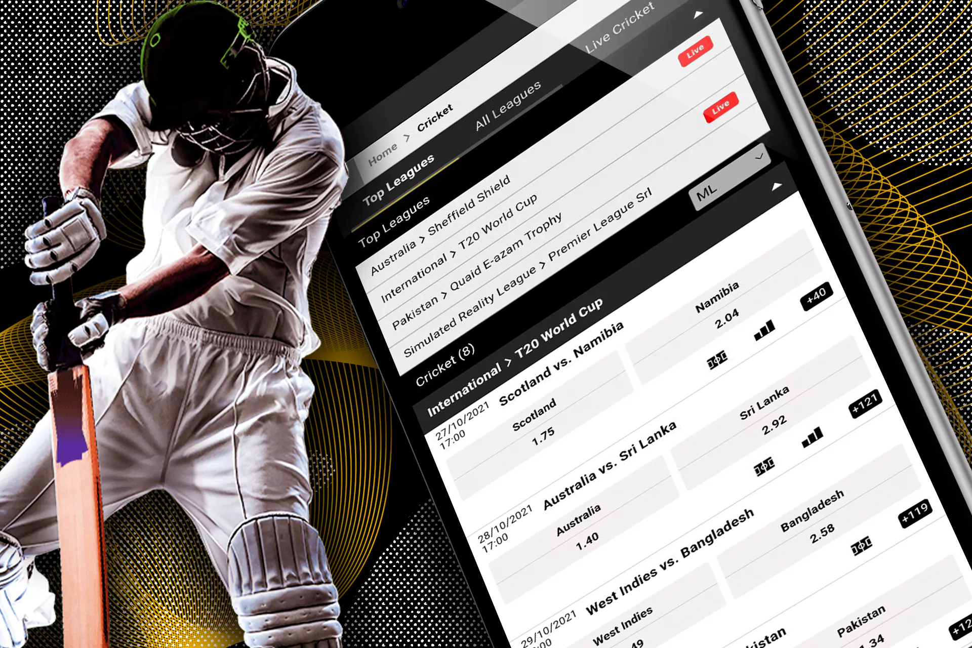 Run the app, look through the list of sports disciplines and choose cricket to place a bet on its match.