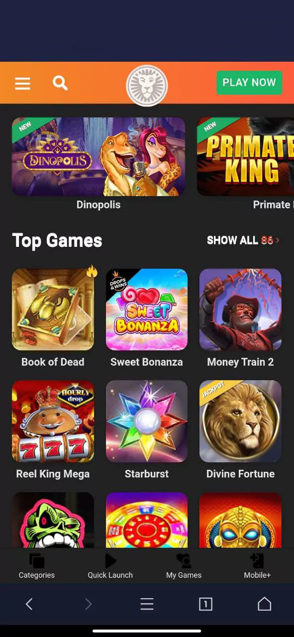 Top online casino games in the mobile sports betting app from Leovegas online casino