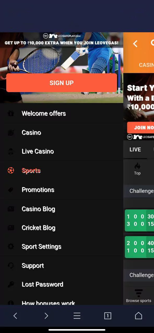 Menu in the mobile sports betting application from online casino Leovegas