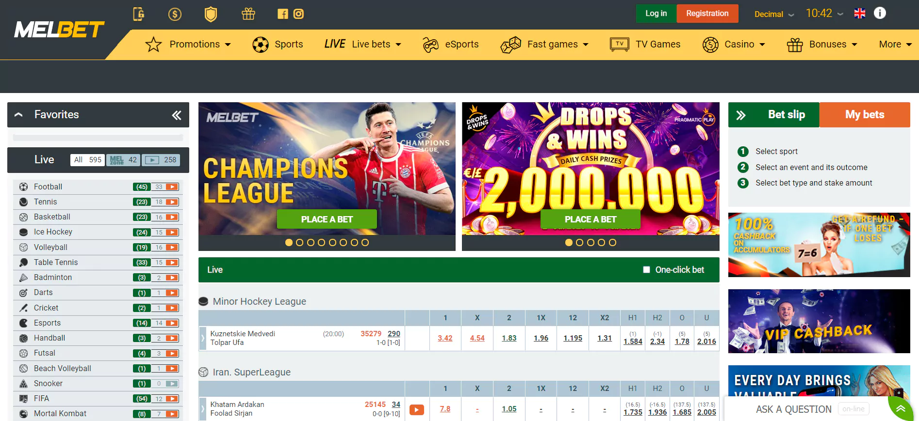 The main menu in online casino games and sports betting from online casino Melbet