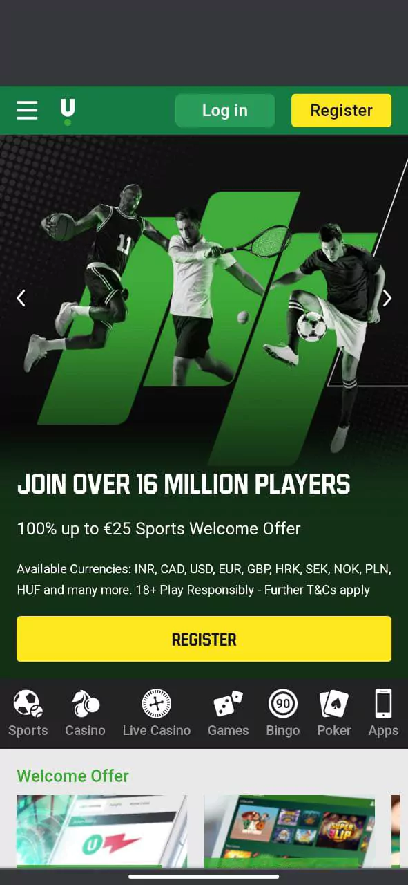 The main screen of the mobile application of the Unibet online bookmaker