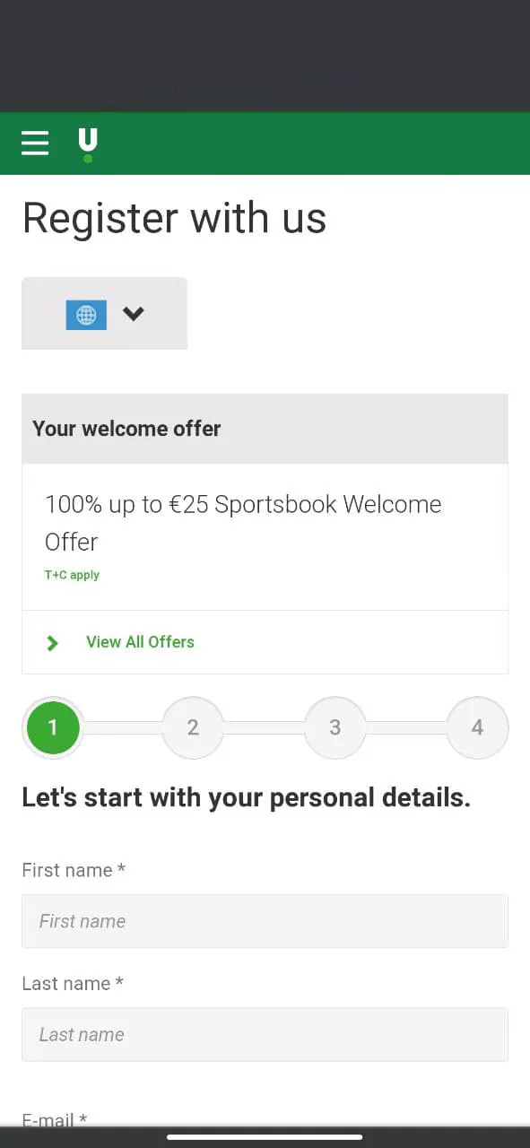 Registration screen in the mobile application of the online bookmaker Unibet
